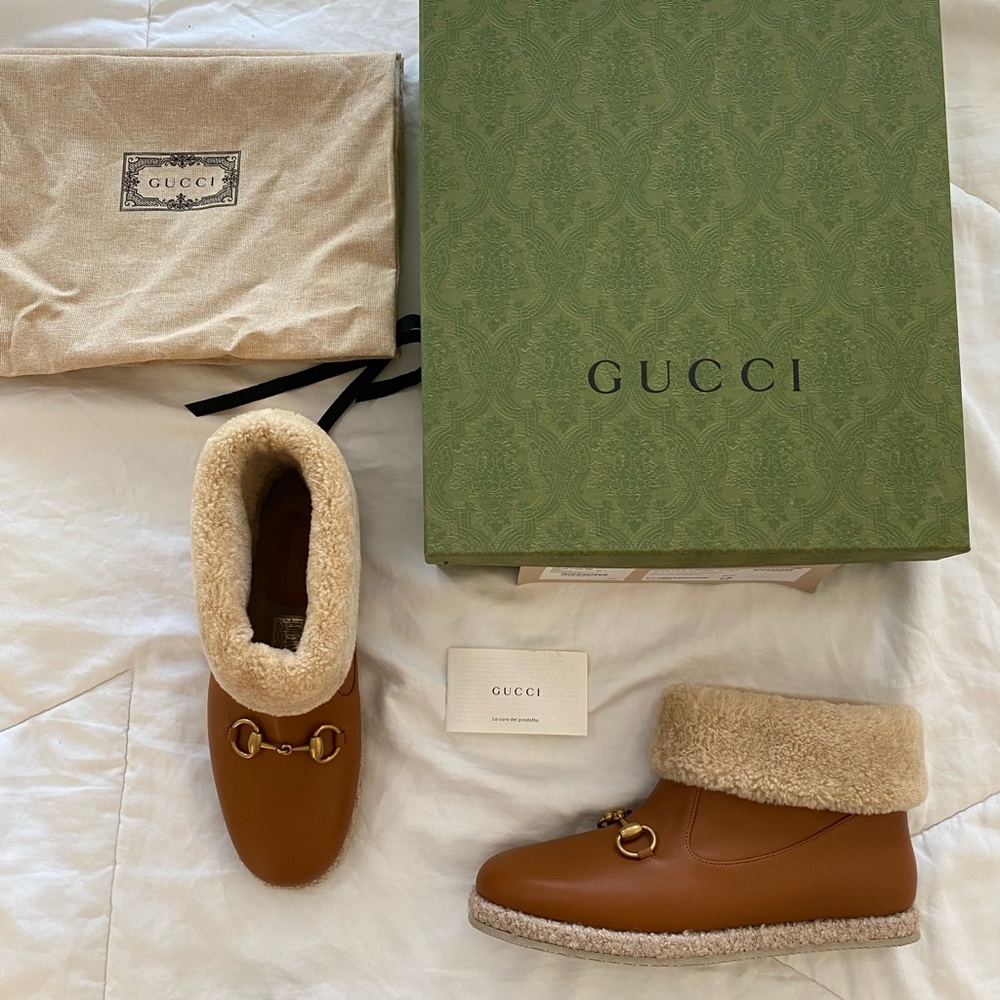 Gucci Horsebit Brown Leather Ankle Boots With Shearling Trim Size 40.5 - Picture 9 of 12